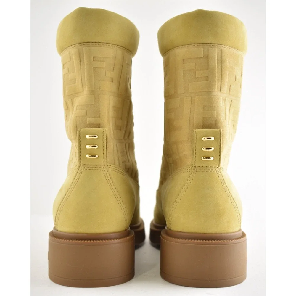 Fendi Filo Beige Nubuck FF Embossed Logo Lace Up Tie Logo Combat Biker Boot 38